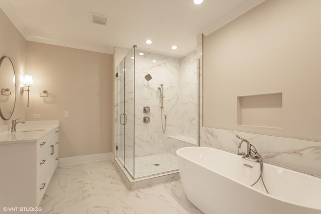 bathroom with crown molding, separate shower and tub, and vanity