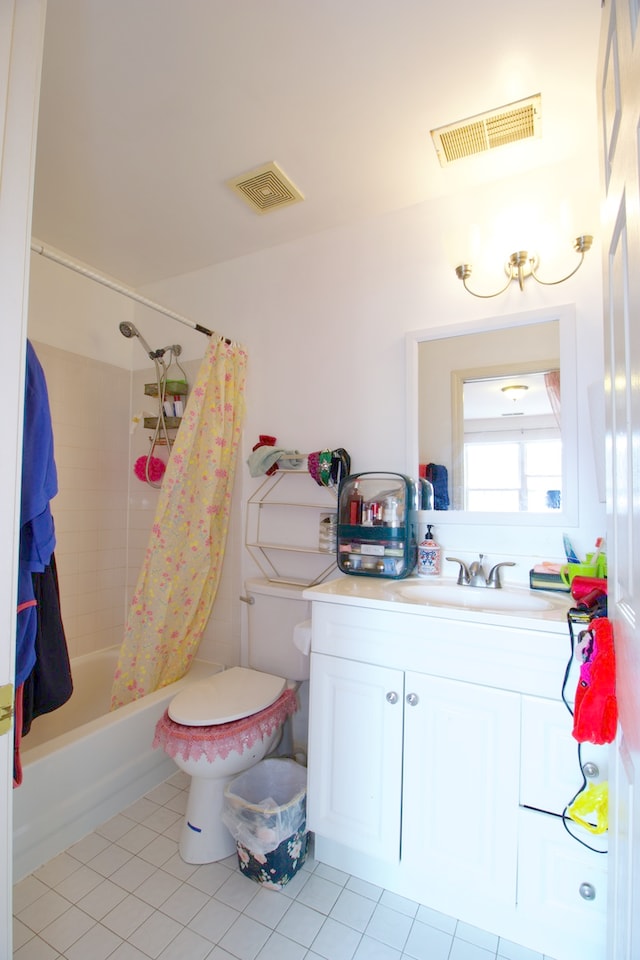 full bathroom featuring vanity, tile patterned flooring, shower / bathtub combination with curtain, and toilet