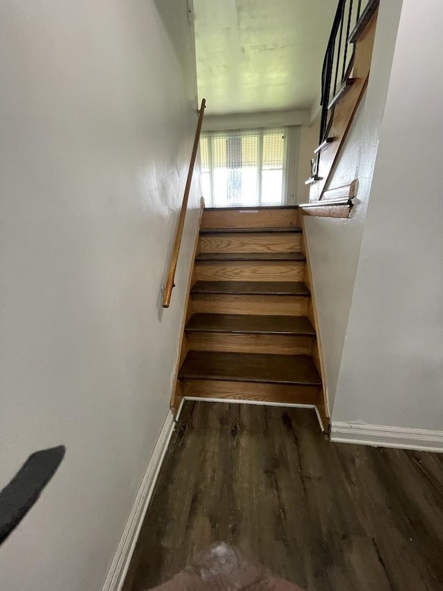 staircase featuring wood finished floors and baseboards