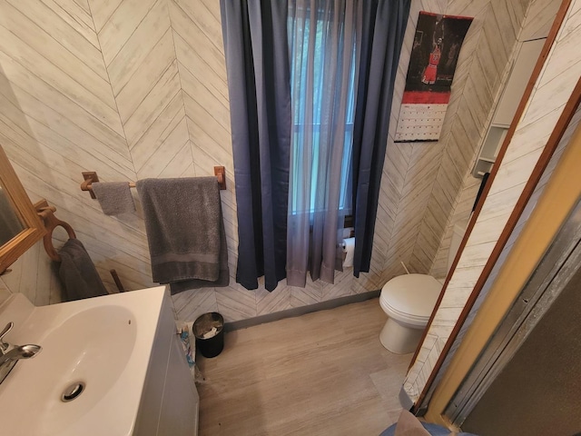 bathroom with vanity, toilet, and wood walls