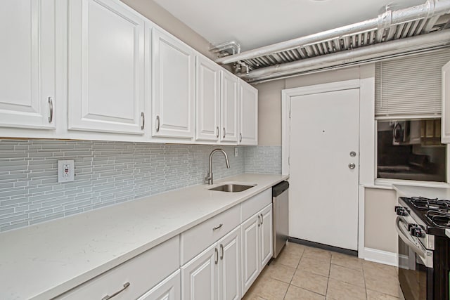 kitchen with sink, tasteful backsplash, white cabinets, and stainless steel appliances