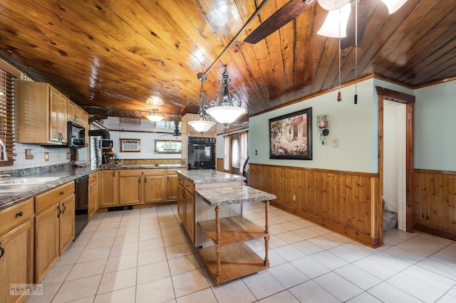 kitchen featuring wood ceiling, pendant lighting, light tile patterned floors, and black appliances