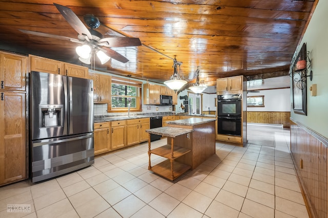 kitchen featuring light tile patterned flooring, a center island, decorative backsplash, wood ceiling, and black appliances