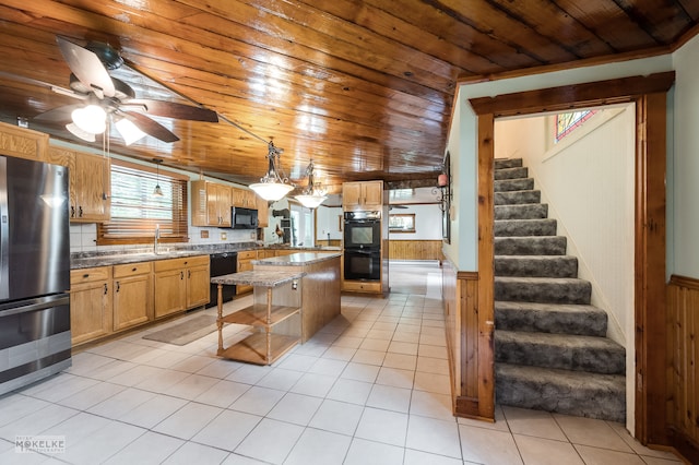 kitchen with decorative backsplash, black appliances, pendant lighting, light tile patterned floors, and wood ceiling