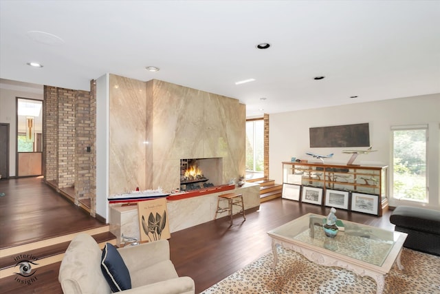 living room with a wealth of natural light, dark hardwood / wood-style flooring, and a fireplace