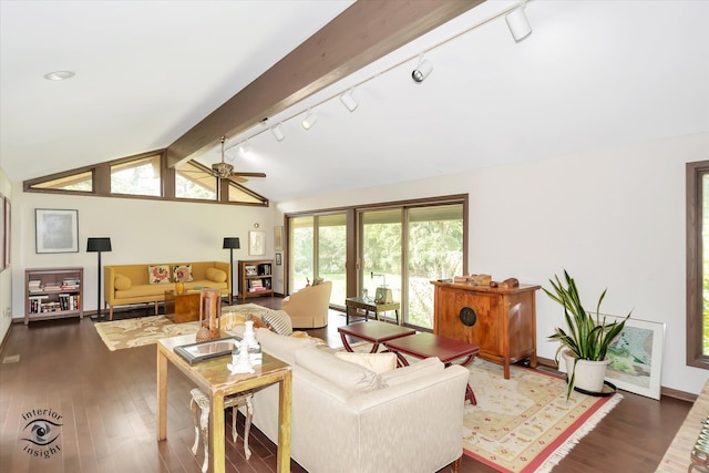 living room with rail lighting, vaulted ceiling with beams, ceiling fan, and dark hardwood / wood-style flooring