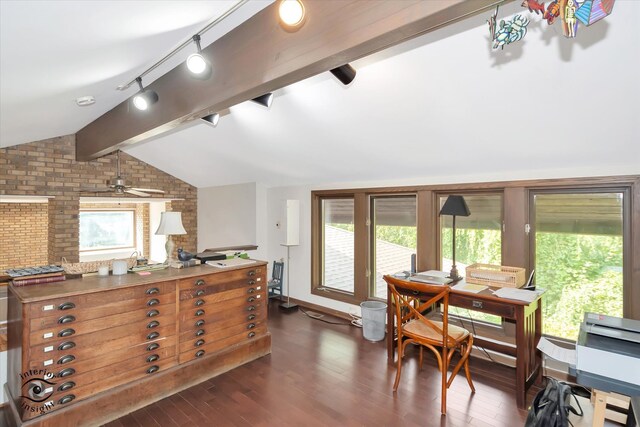 interior space featuring brick wall, dark hardwood / wood-style flooring, rail lighting, ceiling fan, and vaulted ceiling with beams