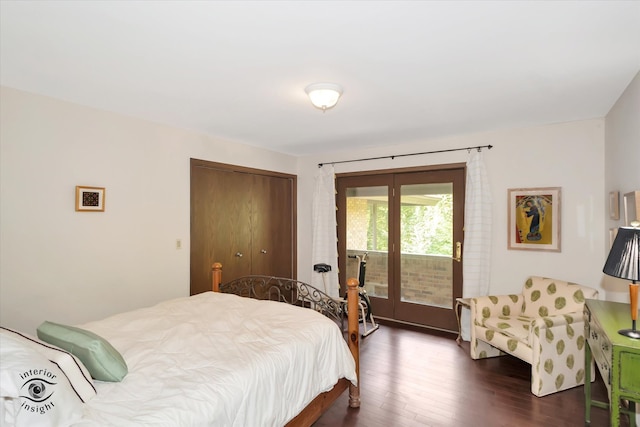 bedroom featuring access to exterior, a closet, and dark hardwood / wood-style flooring