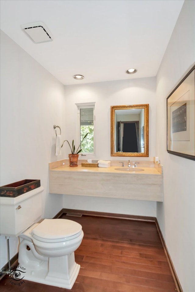 bathroom featuring vanity, toilet, and hardwood / wood-style floors