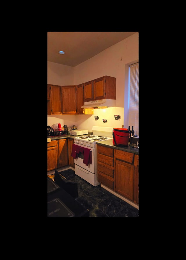 kitchen featuring white range with gas stovetop and dark tile patterned floors