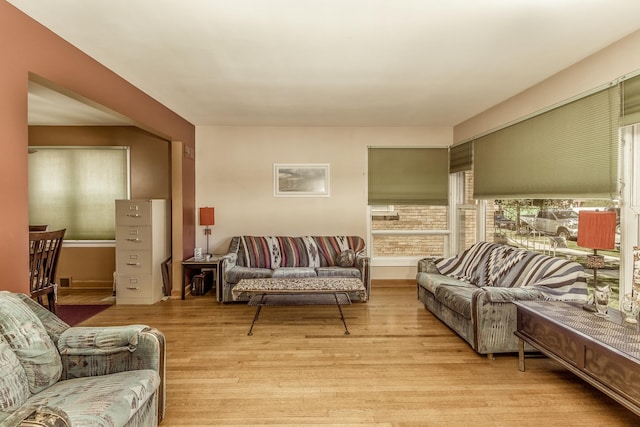 living room featuring baseboards and light wood-style flooring