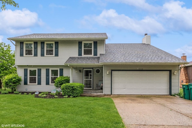 15312 Sunshine Cir, Plainfield, IL 60544 - view of front of property featuring a garage, a front lawn, a chimney, concrete driveway, and a shingled roof