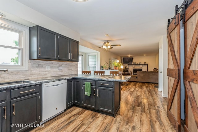 15312 Sunshine Cir, Plainfield, IL 60544 - kitchen featuring white dishwasher, a peninsula, a fireplace, and plenty of natural light