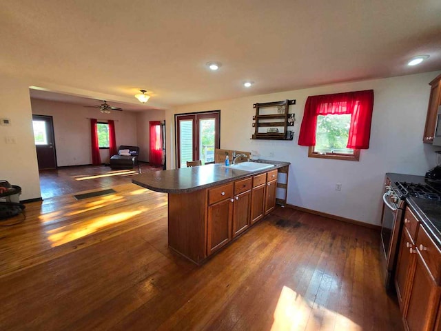 kitchen with dark wood-type flooring, a healthy amount of sunlight, sink, and gas stove