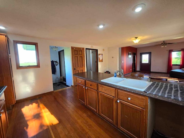 kitchen with ceiling fan, dark hardwood / wood-style floors, and sink