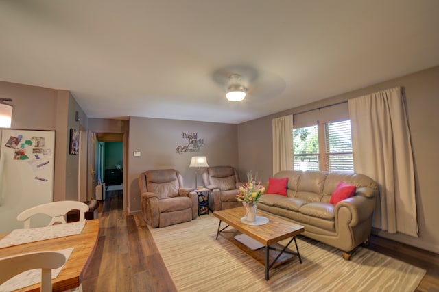 living room featuring ceiling fan and wood-type flooring