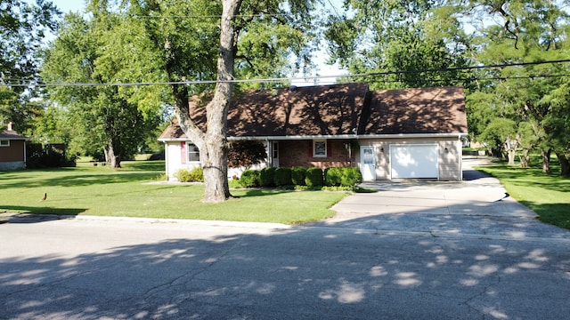 cape cod house with an attached garage, brick siding, concrete driveway, and a front yard