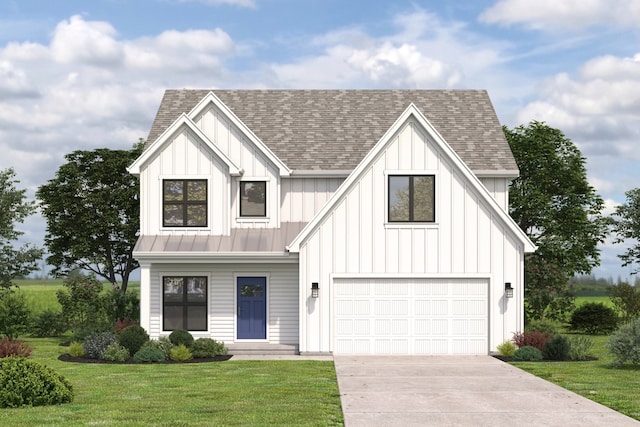 modern inspired farmhouse featuring a shingled roof, concrete driveway, board and batten siding, metal roof, and a front lawn