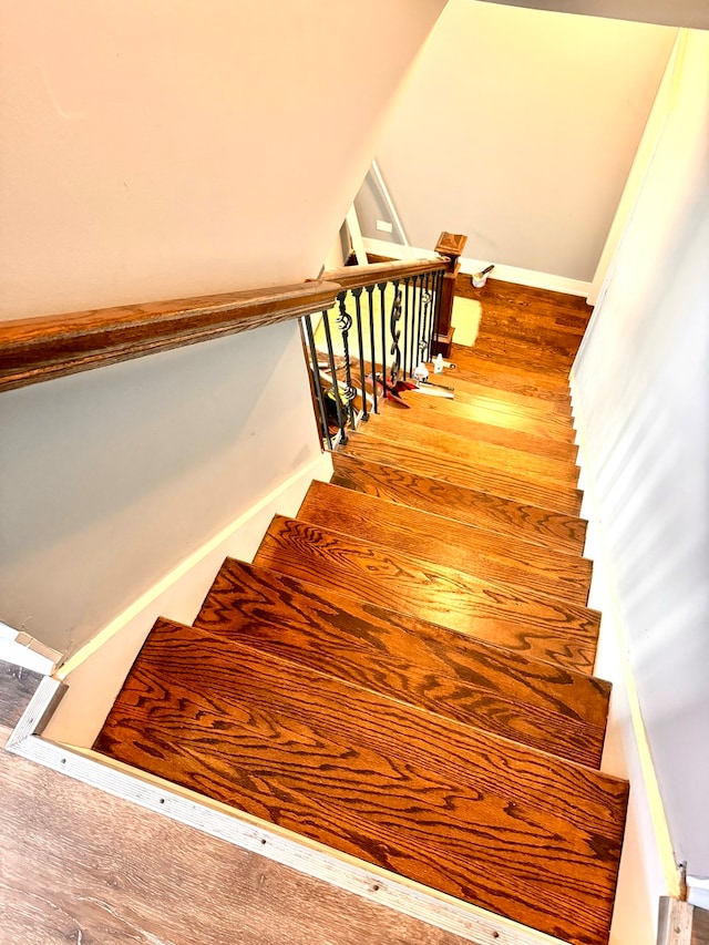 stairway featuring wood-type flooring