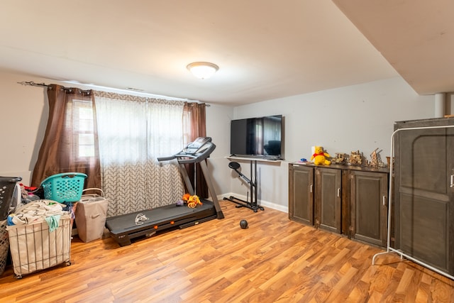 workout room featuring light hardwood / wood-style floors