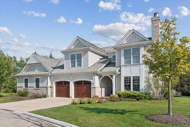 view of front of property featuring driveway, a garage, stone siding, a chimney, and a front lawn