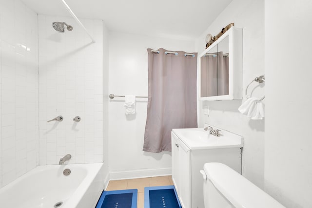 full bathroom with toilet, shower / tub combo, tile patterned floors, and vanity