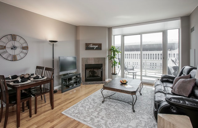 living room featuring light wood-type flooring and a fireplace