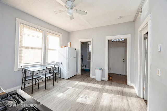 kitchen featuring ceiling fan, a textured ceiling, white fridge, and light hardwood / wood-style flooring