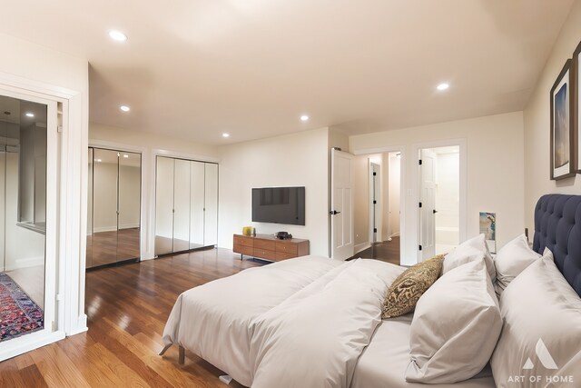 bedroom featuring multiple closets, ensuite bath, and hardwood / wood-style floors