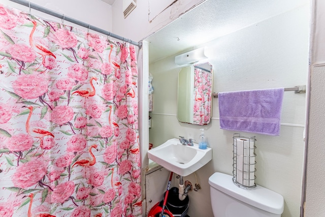 bathroom featuring toilet, sink, and curtained shower