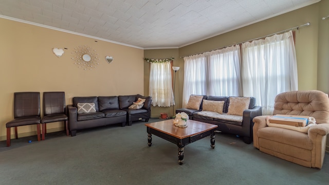 living room featuring ornamental molding and carpet