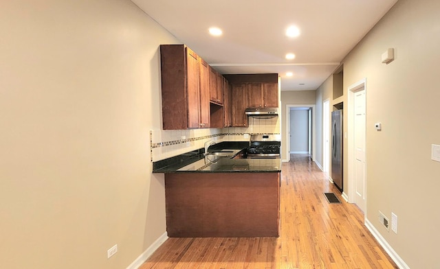 kitchen featuring backsplash, appliances with stainless steel finishes, a sink, a peninsula, and under cabinet range hood