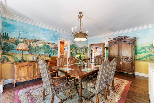 dining room with dark hardwood / wood-style floors and crown molding