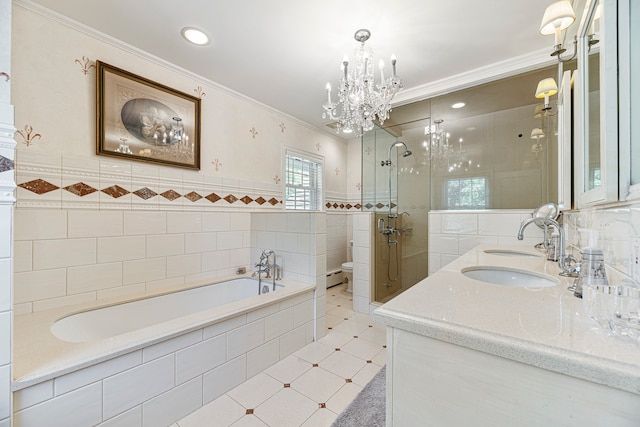 full bathroom with separate shower and tub, toilet, tile walls, vanity, and ornamental molding