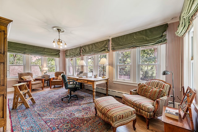 office with a healthy amount of sunlight, a baseboard radiator, wood-type flooring, and a chandelier