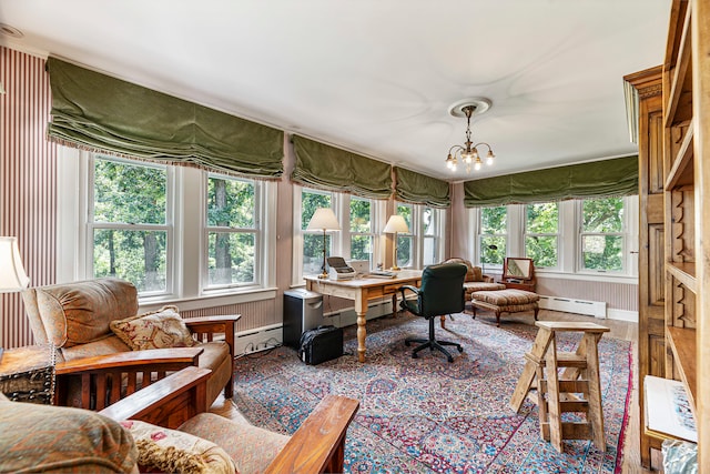 home office with plenty of natural light and a baseboard radiator