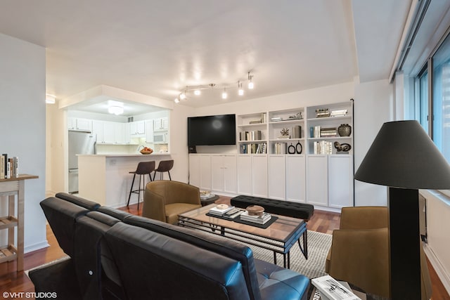 living room with dark hardwood / wood-style flooring