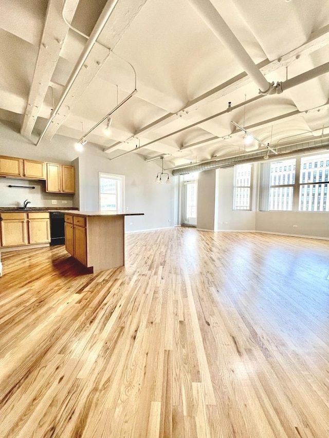 kitchen with black dishwasher, open floor plan, rail lighting, and light wood-style floors