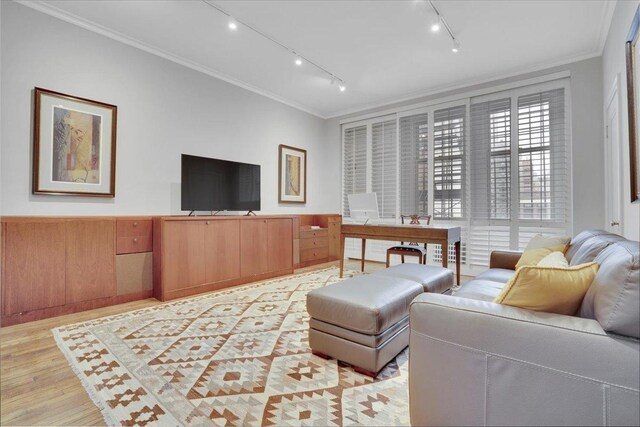 living room featuring light hardwood / wood-style floors, ornamental molding, and track lighting