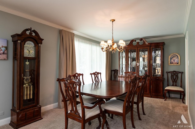 carpeted dining room with a notable chandelier and crown molding