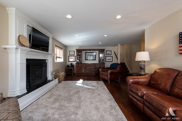 living room with dark wood-type flooring