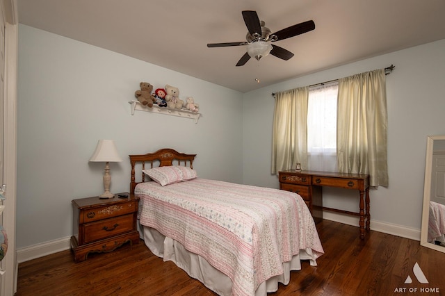 bedroom featuring dark hardwood / wood-style flooring and ceiling fan