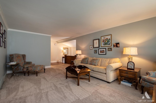 carpeted living room with ornamental molding