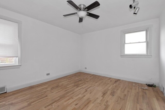 empty room with a wealth of natural light, light hardwood / wood-style flooring, and ceiling fan