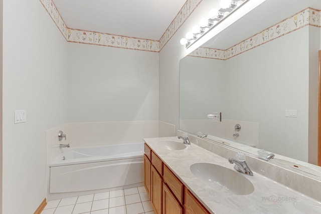 full bath with tile patterned floors, double vanity, a bath, and a sink