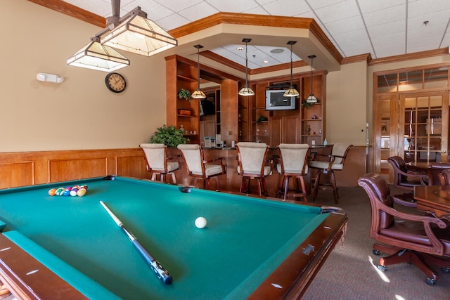 LOT8 W Windemere Cir, Lockport, IL 60441 - playroom featuring billiards, a wainscoted wall, ornamental molding, a bar, and carpet flooring