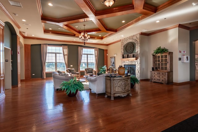 LOT8 W Windemere Cir, Lockport, IL 60441 - living room featuring crown molding, a stone fireplace, coffered ceiling, wood finished floors, and a chandelier