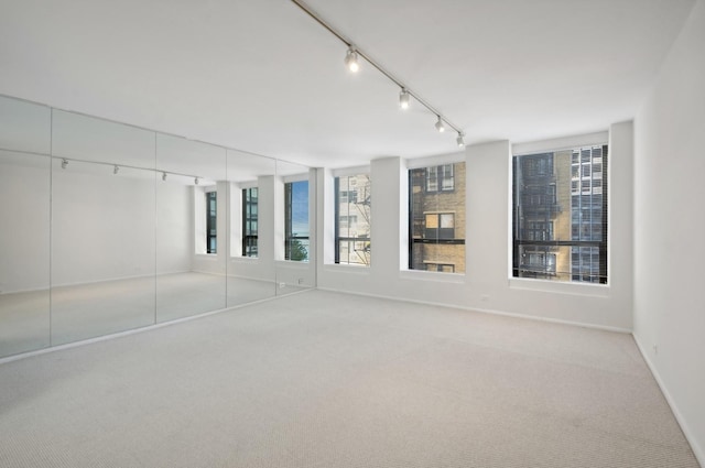 empty room with track lighting, carpet, and baseboards