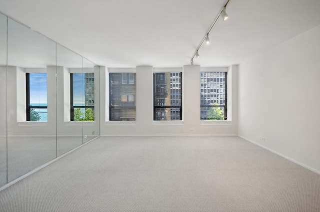 carpeted spare room with baseboards and rail lighting