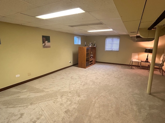 basement featuring a paneled ceiling and carpet